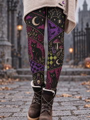 Women's Gothic Halloween Witchy Black Cat Patchwork Leggings
