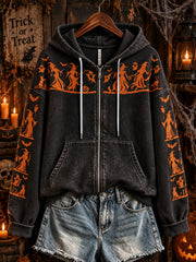 Women's Halloween-Themed Witch Pattern Casual Zip-Up Hoodie