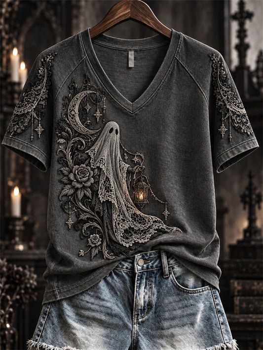 Women's Halloween Gothic Ghost Lace Art Print short-sleeved T-shirt