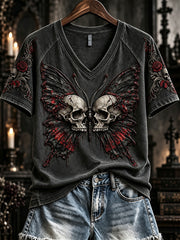 Women's Vintage Gothic Skull Butterfly Print V-neck Short-sleeved T-shirt