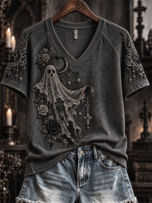 Women's Halloween Gothic Ghost Lace Art Print short-sleeved T-shirt