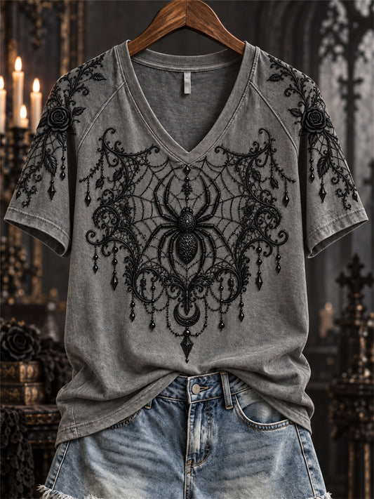 Women's Halloween Gothic Spider & Spiderweb Lace Art Print short-sleeved T-shirt