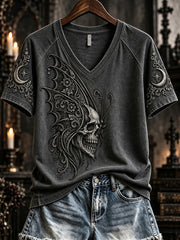Women's Vintage Gothic Skull Butterfly Print V-neck Short-sleeved T-shirt
