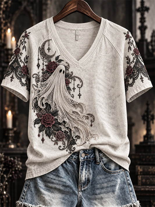 Women's Halloween Gothic Ghost Lace Art Print short-sleeved T-shirt