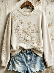 Women's Vintage Classy Give Thanks Pumpkins Floral Print crew neck sweater