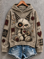 Women's Halloween Creepy Dolls Cat Print Casual Hoodie