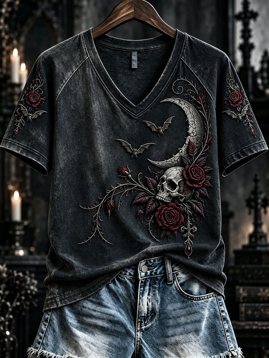 Women's Vintage Halloween Gothic Rose Skull Print Short-sleeved T-shirt