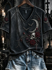 Women's Vintage Halloween Gothic Rose Skull Print Short-sleeved T-shirt