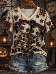 Women's Halloween Creepy Dolls Print Casual V-Neck Tee