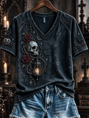 Women's Vintage Halloween Gothic Rose Skull Print Short-sleeved T-shirt