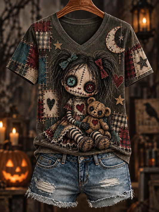 Women's Halloween Creepy Dolls Print Casual V-Neck Tee