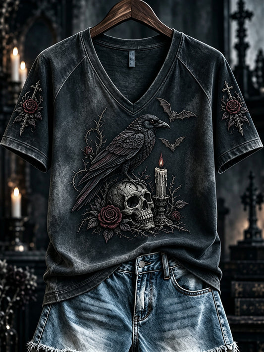 Women's Vintage Halloween Gothic Rose Skull Print Short-sleeved T-shirt