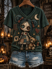 Women's Halloween Creepy Dolls Print Casual V-Neck Tee