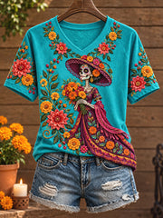 Women's Mexico Day of The Dead Floral Art Printed T-shirt
