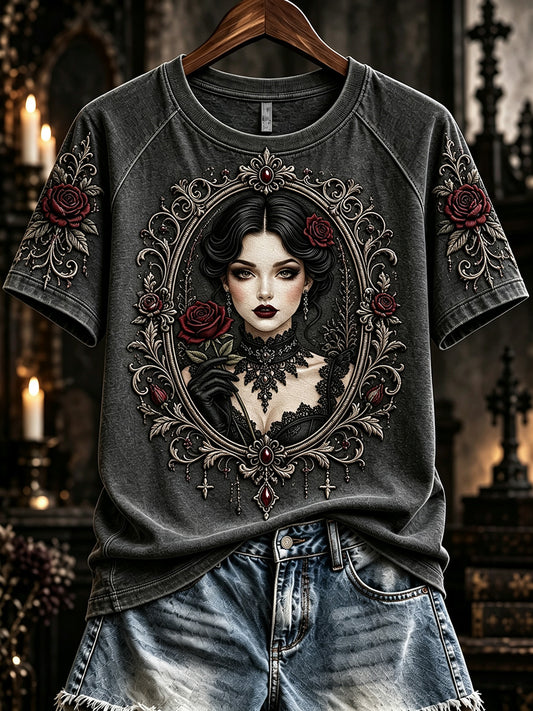 Women's Vintage Rose Gothic Girl Print Short-sleeved T-shirt