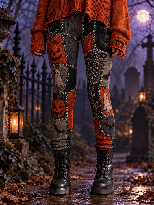 Women's Halloween Gothic Style Patchwork Print Velvet Leggings
