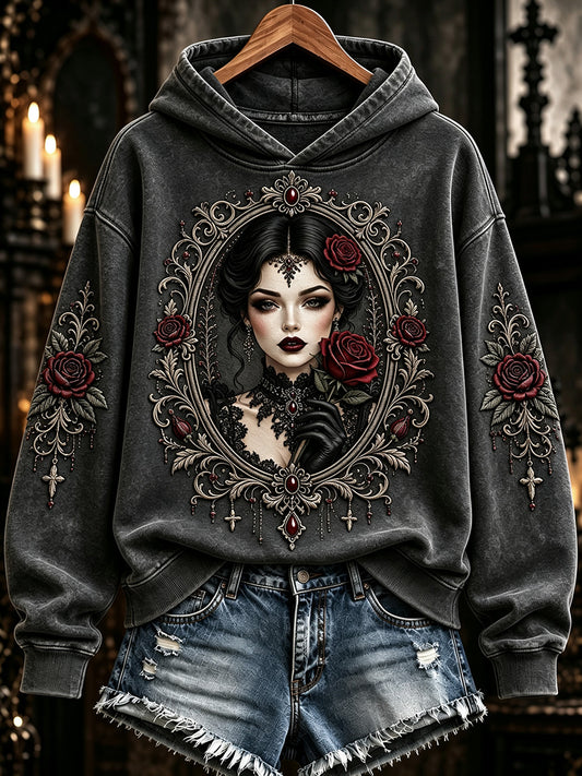 Women's Vintage Rose Gothic Girl Print Comfy Hoodie