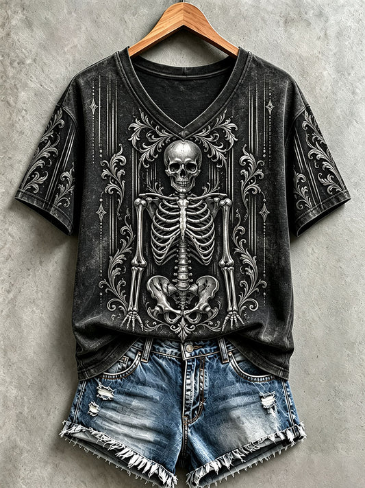 Women's Halloween Skeleton V-Neck T-Shirts