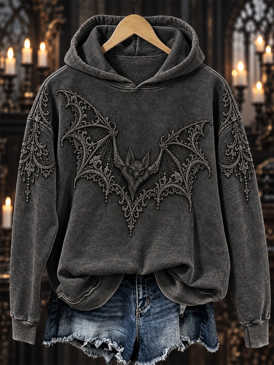 Women's Halloween Gothic Lace Bat Art Print Cozy Hoodie