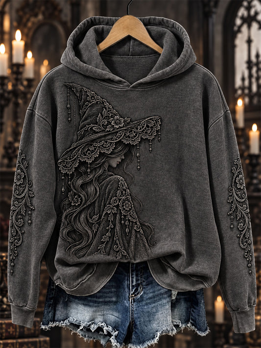 Women's Halloween Gothic Witch Lace Art Print Cozy Hoodie