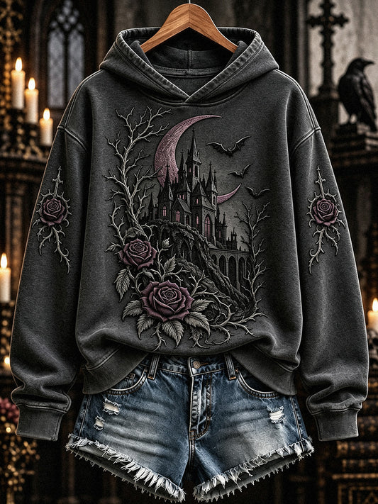 Women's Vintage Rose Gothic Castle Print Comfy Hoodie
