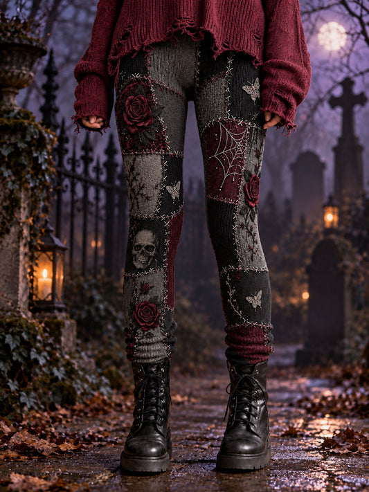 Women's Halloween Gothic Style Patchwork Print Velvet Leggings