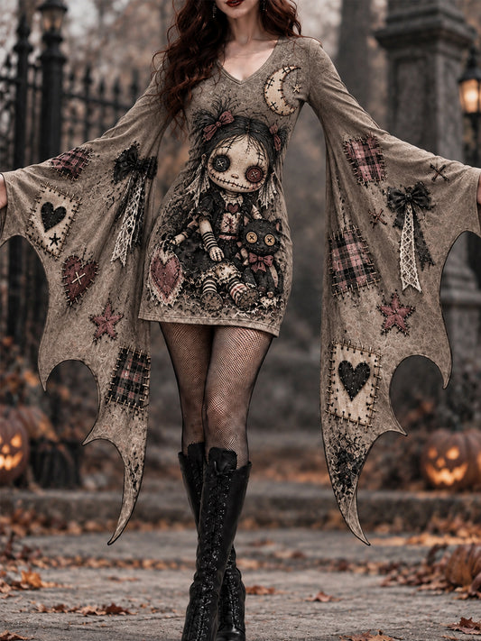 Women's Halloween Creepy Dolls Patchwork Print Bat Sleeve Dress