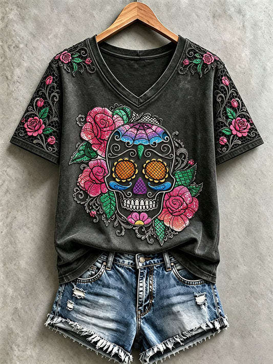 Women's Halloween Skull V-Neck T-Shirts