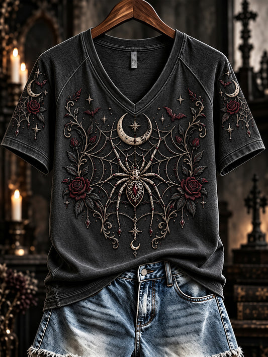 Women's Vintage Gothic Spider Print V-neck Short-sleeved T-shirt