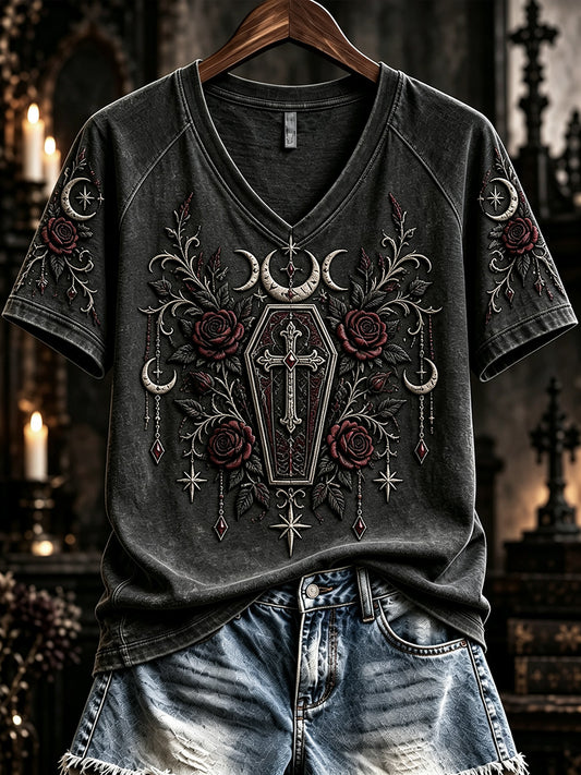 Women's Vintage Gothic Cross Print V-neck Short-sleeved T-shirt