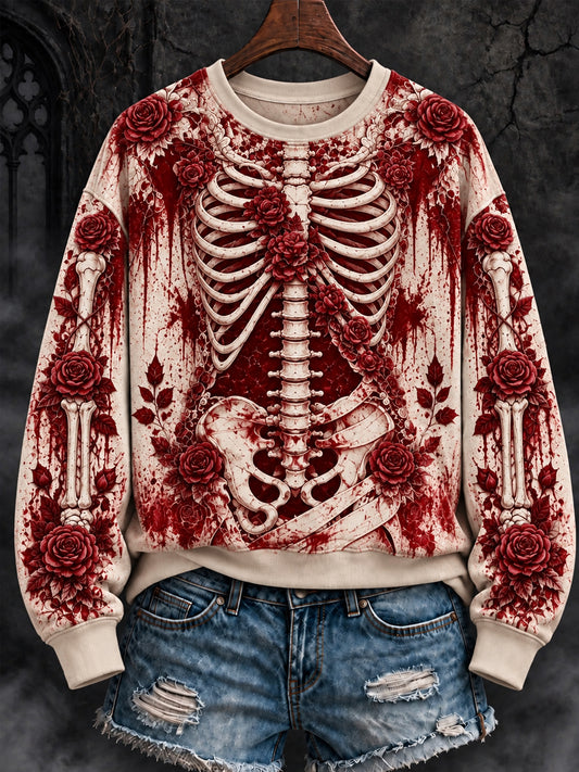 Women's Gothic Halloween Skull and Floral Regular Sweatshirt