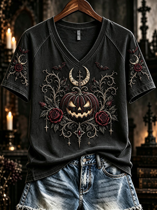 Women's Vintage Gothic Pumpkin Print V-neck Short-sleeved T-shirt