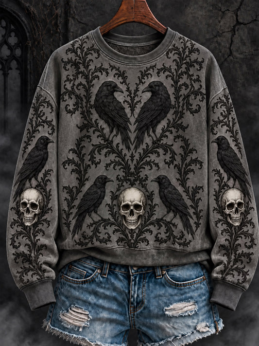 Women's Gothic Halloween Raven and Skull Regular Sweatshirt
