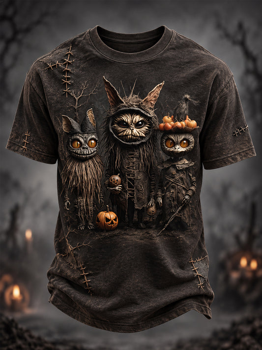Men's Halloween Creepy Dolls Cats Print Casual Tee