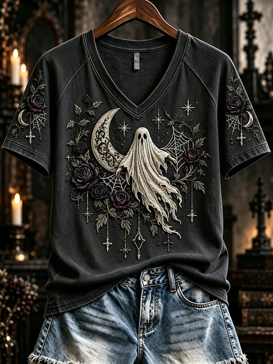 Women's Vintage Gothic Ghost Print V-neck Short-sleeved T-shirt