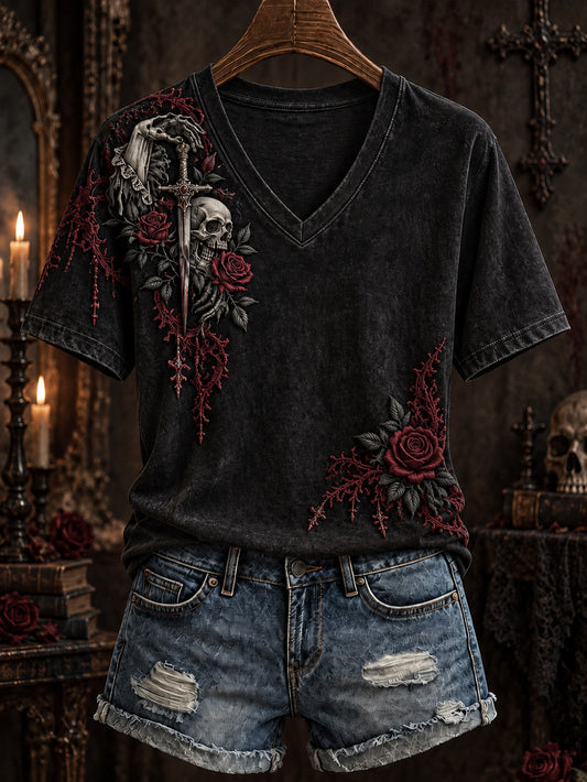 Women's Halloween Gothic-style patterned casual short-sleeve T-shirt