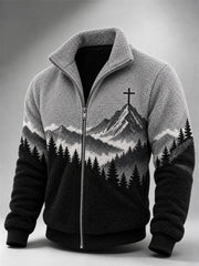 Men's Vintage Cross Mountains Forest Landscape Contrast Print Flannel Jacket