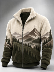 Men's Vintage Cross Mountains Forest Landscape Contrast Print Flannel Jacket