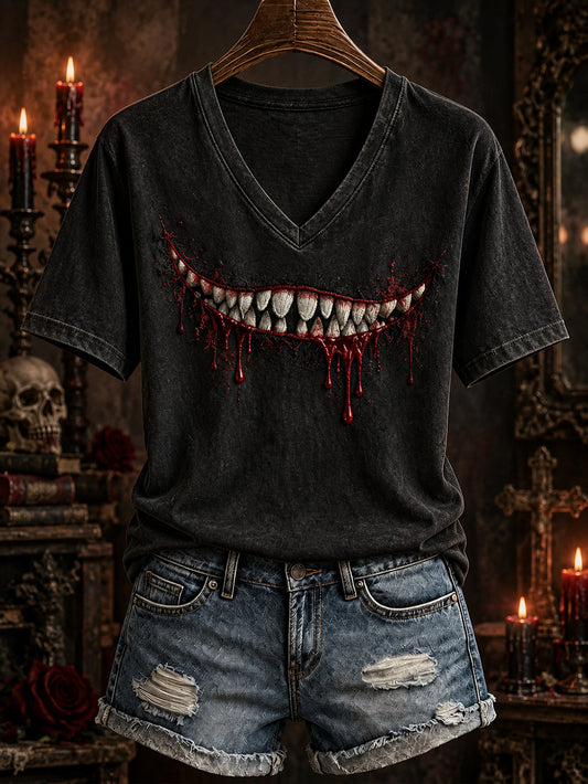 Women's Halloween realistic tooth pattern print casual short-sleeve T-shirt.