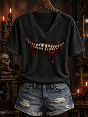 Women's Halloween realistic tooth pattern print casual short-sleeve T-shirt.