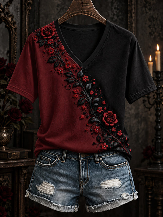 Women's Dark Gothic Rose Pattern Color-blocked Casual Short-sleeve T-shirt