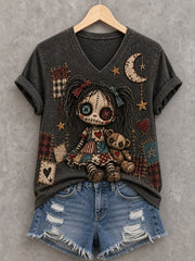 Women's Halloween Creepy Dolls Print Casual V-Neck Tee