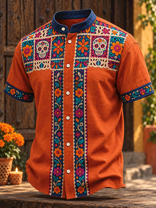 Men's Mexico Day of The Dead Floral Art Printed Shirt