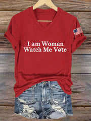 Women's I Am Woman Watch Me Vote Casual V-Neck Tee