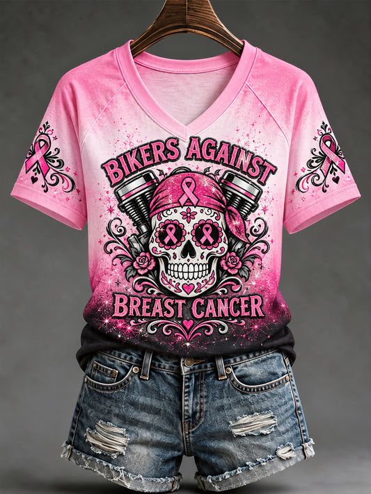 Women's Pink Ribbon Skull Print Breast Cancer Awareness Support V-Neck Tee