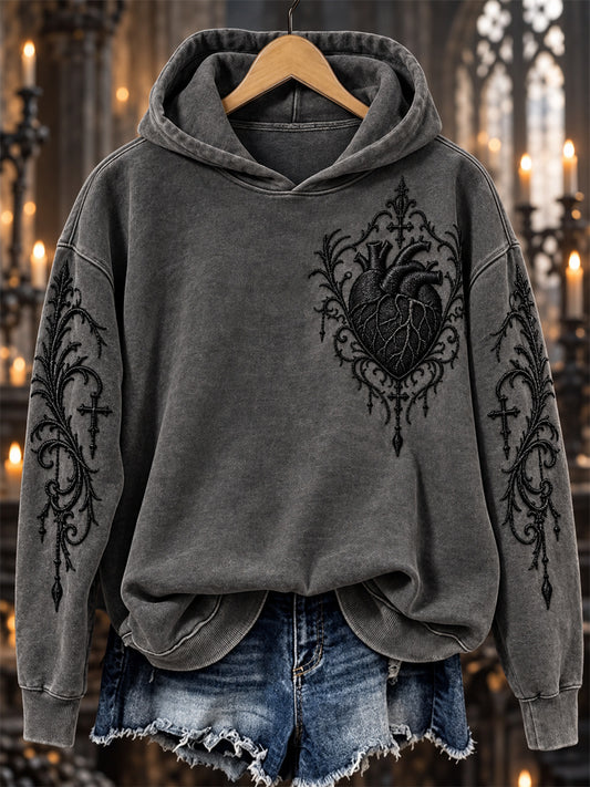 Women's Halloween Gothic Heart & Cross Lace Art Print Hoodie