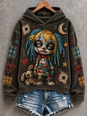 Women's Halloween Creepy Dolls Patchwork Print Casual Hoodie