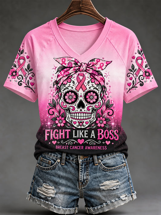 Women's Pink Ribbon Skull Print Breast Cancer Awareness Support V-Neck Tee