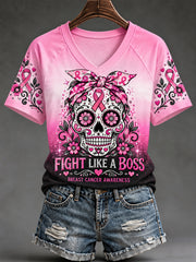 Women's Pink Ribbon Skull Print Breast Cancer Awareness Support V-Neck Tee