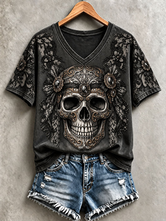 Women's Halloween Skull Print V-Neck T-Shirts
